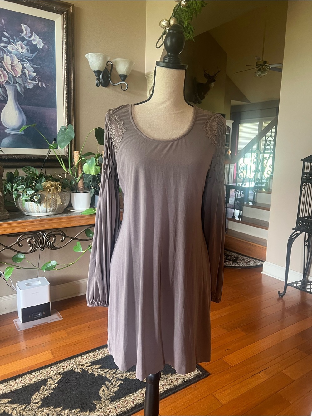 Free People Backless Scoop-Neck Long Sleeve Dress in Taupe